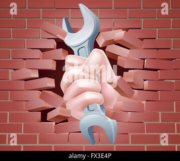 Conceptual illustration of a hand holding a spanner breaking through a brick wall Stock Photo