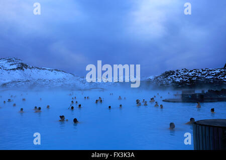 People in the Blue Lagoon, a geothermal spa and one of the most popular attractions in Iceland, near Grindavík village Reykjanes Stock Photo