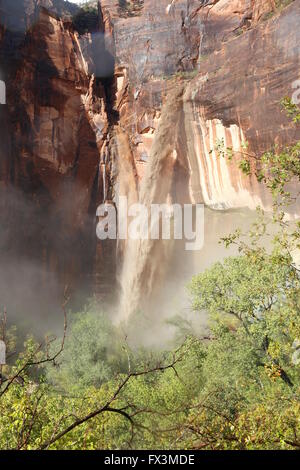 A waterfall after a flash flood above Weeping Rock in Zion National Park, Utah, taken from the Observation Point trail Stock Photo