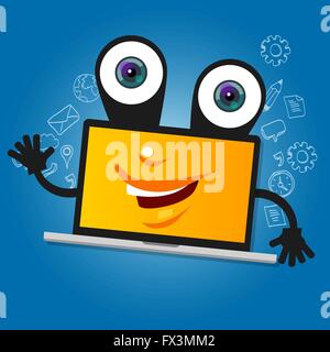 laptop computer big eyes character cartoon smile with hands yellow mascot face happy Stock Vector