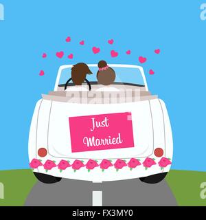 Vector illustration of just married couple driving a white car in ...