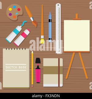 Painter art tools. Paint arts tool kit vector illustration, vector  watercolor painting design artists supplies, easel and palette, painting  brush and draw materials Stock Vector