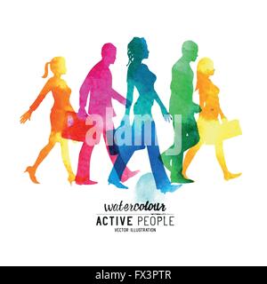 Watercolour Busy Walking People. A group of commuters walking in the city. Vector illustration. Stock Vector