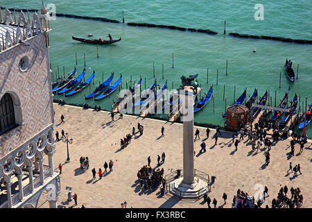 Gondolas in front of San Marco square and Palazzo Ducale, Venice, Veneto, Italy. View from the Campanile (bell tower). Stock Photo