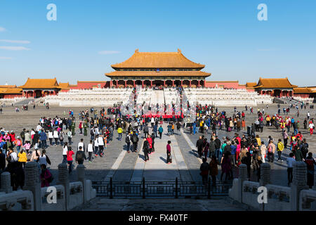 Beijing, China - October 27, 2015: Large crowed of tourists near The Hall of Supreme Harmony in the Forbidden City in Beijing . Stock Photo