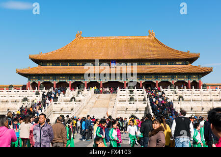 Beijing, China - October 27, 2015: Large crowed of tourists near The Hall of Supreme Harmony in the Forbidden City in Beijing. Stock Photo