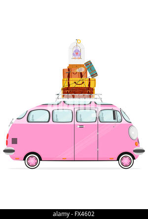 Holiday. Funny cartoon minivan with suitcases on a white background