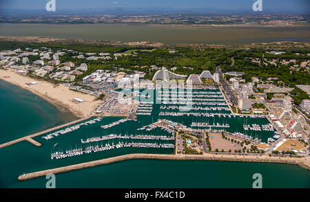 Aerial view, Marina, marina of La-Grande-Motte, Mediterranean coast, Great Pyramid, Pyramid homes of La Grande-Motte, France, Stock Photo