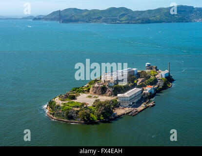 Aerial view, Alcatraz, Golden Gate Bridge in the background, Alcatraz Iceland with lighthouse in backlight, San Francisco, Stock Photo