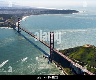 Aerial view, Golden Gate Bridge from the east site, blue sky, San Francisco, San Francisco Bay Area, United States of America, Stock Photo