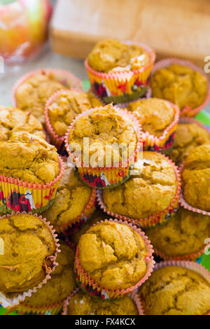 A stack of cupcake muffins on Thanksgiving for an after dinner dessert sweet treat. Stock Photo