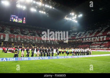 Milan, Italy. 9th Apr, 2016. Two team group line-up Football/Soccer : Italian 'Serie A' match between AC Milan 1-2 Juventus at Stadio Giuseppe Meazza in Milan, Italy . © Enrico Calderoni/AFLO SPORT/Alamy Live News Stock Photo