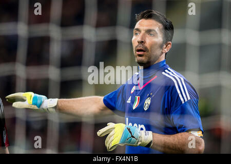 Milan, Italy. 9th Apr, 2016. Gianluigi Buffon (Juventus) Football/Soccer : Italian 'Serie A' match between AC Milan 1-2 Juventus at Stadio Giuseppe Meazza in Milan, Italy . © Enrico Calderoni/AFLO SPORT/Alamy Live News Stock Photo