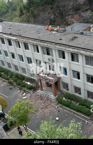 Qiandongnan. 11th Apr, 2016. Photo taken on April 11, 2016 shows the accident site after a wall collapsed at the Affiliated High School of Kaili University in Kaili City, Qiandongnan Miao and Dong Autonomous Prefecture, southwest China's Guizhou Province. One student was killed and four others were injured in the accident. Credit:  Xinhua/Alamy Live News Stock Photo