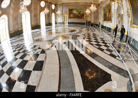 After comprehensive restoration, the marble hall of the New Palace reveals its old splendor again in Potsdam, Germany, 11 April 2016. The cental hall with 600 square meters of natural stone floor was designed by the architect Carl von Gontard for the King of Prussia, Frederick the Great (1712-1786). Photo: BERND SETTNIK/dpa Stock Photo