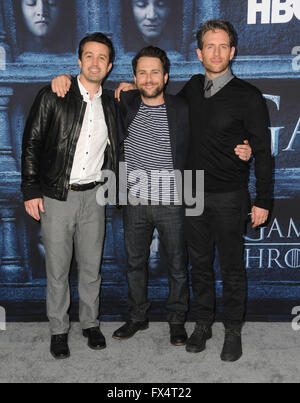 April 10, 2016 - Hollywood, CA, United States - 10 April 2016 - Hollywood, California - Rob McElhenney, Charlie Day, Glenn Howerton. Arrivals for the Premiere Of HBO's ''Game Of Thrones'' Season 6 held at TCL Chinese Theater. Photo Credit: Birdie Thompson/AdMedia (Credit Image: © Birdie Thompson/AdMedia via ZUMA Wire) Stock Photo