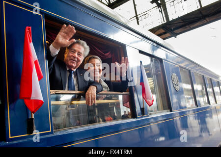 Prague, Czech Republic. 11th Apr, 2016. Austrian President Heinz Fischer (left) and his wife (right) are going to visit his Czech counterpart Milos Zeman. They are going by historic train from Prague Main Station to Stochov railway station. The two presidents have talks at Lany chateau, Czech Republic, April 11, 2016. Credit:  CTK/Alamy Live News Stock Photo