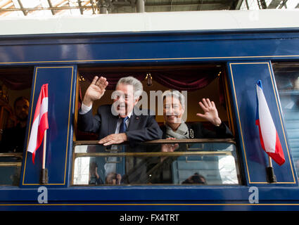 Prague, Czech Republic. 11th Apr, 2016. Austrian President Heinz Fischer (left) and his wife (right) are going to visit his Czech counterpart Milos Zeman. They are going by historic train from Prague Main Station to Stochov railway station. The two presidents have talks at Lany chateau, Czech Republic, April 11, 2016. Credit:  CTK/Alamy Live News Stock Photo