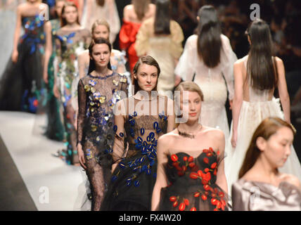Shanghai, China. 11th Apr, 2016. Models present fashion creations of 'We Couture 2016 Autumn/Winter Collection during the Shanghai Fashion Week in Shanghai, east China, April 11, 2016. Credit:  Yuan Jing/Xinhua/Alamy Live News Stock Photo