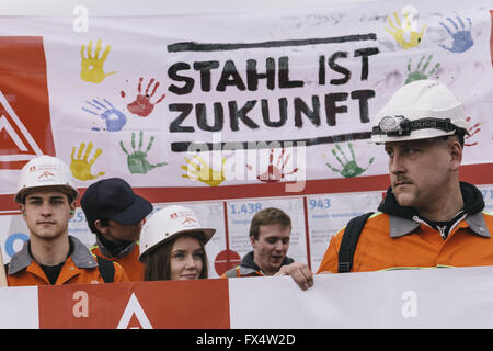 Berlin, Germany. 11th Apr, 2016. Protesters during nationalwide Steel Day of Action by the IG Metall union in Berlin. Thousands of German steelworkers take to streets under the motto 'Steel is the Future' demanding job guarantees in front of the German Federal Chancellery. Credit:  Jan Scheunert/ZUMA Wire/Alamy Live News Stock Photo