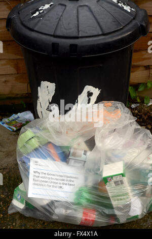 London, UK. 11th April 2016. The UK government’s controversial pro EU leaflet is delivered in London and has already been spotted in a recycling bag. The £9.3 million taxpayer-funded mailshot is being sent to 27 million homes throughout the UK beore the referendum on June 23rd.The leaflet has been described as propaganda by Eurosceptics. Stock Photo