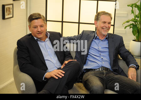 Paris, France. 11th Apr, 2016. Founder and head of Netflix, Reed Hastings (R), sits next to programme director Ted Sarandos during an event of the video service in Paris, France, 11 April 2016. Photo: ANDREJ SOKOLOW/dpa/Alamy Live News Stock Photo