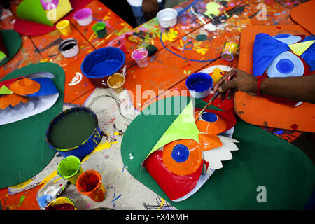 Dhaka, Dhaka, Bangladesh. 11th Apr, 2016. April 11, 2016 Dhaka, Bangladesh ''“ Dhaka University Art Institute student take colorful preparation to celebrate upcoming Bengali New Year 1423 in Dhaka. Pahela Baishakh (the first day of the Bangla month) can be followed back to its origins during the Mughal period when Emperor Akbar introduced the Bangla calendar to streamline tax collection while in the course of time it became part of Bengali culture and tradition. © K M Asad/ZUMA Wire/Alamy Live News Stock Photo