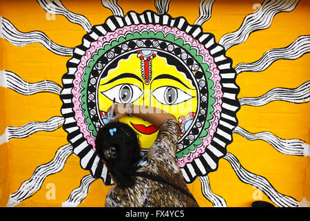 Dhaka, Bangladesh. 11th Apr, 2016. Dhaka University Art Institute student paints a mural to celebrate upcoming Bengali New Year 1423 in Dhaka. Pahela Baishakh (the first day of the Bangla month) can be followed back to its origins during the Mughal period when Emperor Akbar introduced the Bangla calendar to streamline tax collection while in the course of time it became part of Bengali culture and tradition. Credit:  K M Asad/ZUMA Wire/Alamy Live News Stock Photo