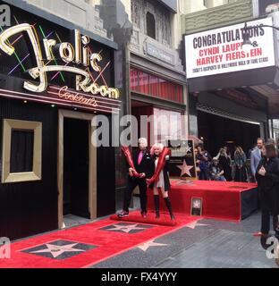 Los Angeles, California, USA. 11th Apr, 2016. Cyndi Lauper And Harvey Fierstein Honored With Double* Star Ceremony On The Hollywood Walk Of Fame .6424 Hollywood Boulevard, Hollywood, CA.04/11/2016.HARVEY FIERSTEIN AND CYNDI LAUPER  Credit:  Clinton Wallace/Globe Photos/ZUMA Wire/Alamy Live News Stock Photo