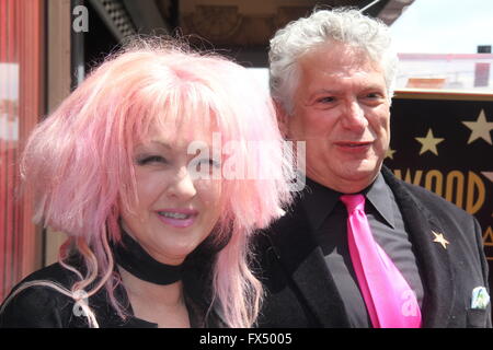 Los Angeles, California, USA. 11th Apr, 2016. Cyndi Lauper And Harvey Fierstein Honored With Double* Star Ceremony On The Hollywood Walk Of Fame .6424 Hollywood Boulevard, Hollywood, CA.04/11/2016.CYNDI LAUPER AND HARVEY FIERSTEIN  Credit:  Clinton Wallace/Globe Photos/ZUMA Wire/Alamy Live News Stock Photo