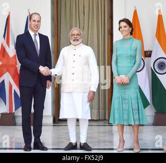 New Delhi, India. 12th Apr, 2016. Indian Prime Minister Narendra Modi welcomes the Duke and Duchess of Cambridge Prince William and Kate Middleton as they arrive at Hyderabad House April 12, 2016 in New Delhi, India. The royal couple are on a seven-day tour of India and Bhutan. Credit:  Planetpix/Alamy Live News Stock Photo