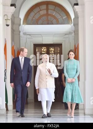 New Delhi, India. 12th Apr, 2016. Indian Prime Minister Narendra Modi walks with the Duke and Duchess of Cambridge Prince William and Kate Middleton as they arrive at Hyderabad House April 12, 2016 in New Delhi, India. The royal couple are on a seven-day tour of India and Bhutan. Credit:  Planetpix/Alamy Live News Stock Photo