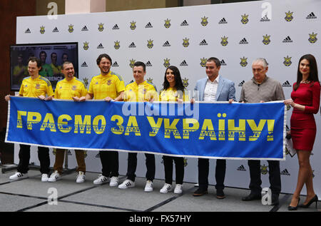 KYIV, UKRAINE - MARCH 9, 2016: Presentation of the New jerseys of the National Football Team of Ukraine, in which the team will Stock Photo