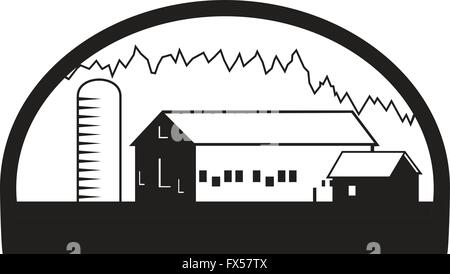 Black and white illustration of a farm house barn and silo set inside half circle shape done in retro style. Stock Vector