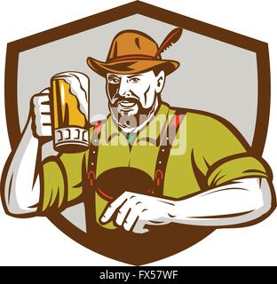 Illustration of a German Bavarian beer drinker raising beer mug for Oktoberfest toast wearing lederhosen and German hat set inside shield creest done in retro style. Stock Vector