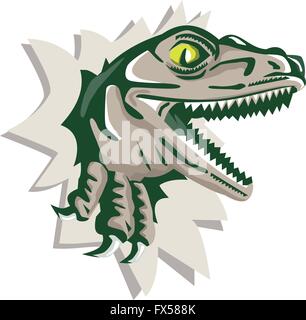 Illustration of a raptor t-rex dinosaur lizard reptile head breaking out of wall viewed from the side on isolated background done in retro style. Stock Vector