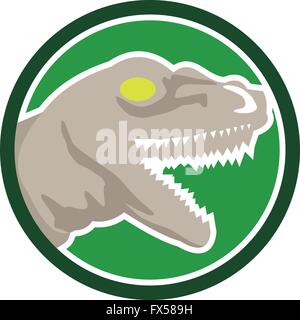 Illustration of a raptor t-rex dinosaur lizard reptile head viewed from side set inside circle on isolated background done in retro style. Stock Vector