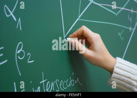 Female hand writing on the blackboard. Close view. Stock Photo