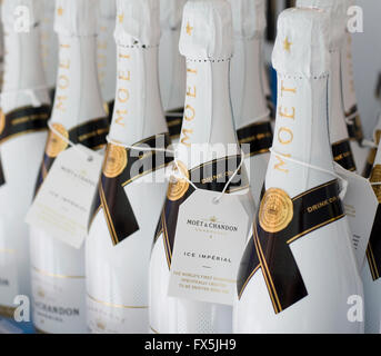 Rows of Moet Et Chandon champagne bottles. Ice Imperial - designed to be drunk over ice. Stock Photo