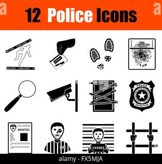 Set of twelve police black icons. Vector illustration. Stock Vector