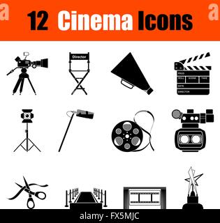 Set of twelve cinema black icons. Vector illustration. Stock Vector