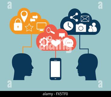 flat social media icons with human heads and mobile phone Stock Vector