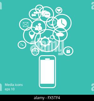 Flat phone with icons of social network. Concept of social media ...