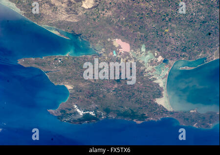 The diamond-shaped Crimean Peninsula that juts into the Black Sea seen from above by the astronauts on the International Space Station May 7, 2014. Fuji is the highest peak in Japan. Stock Photo