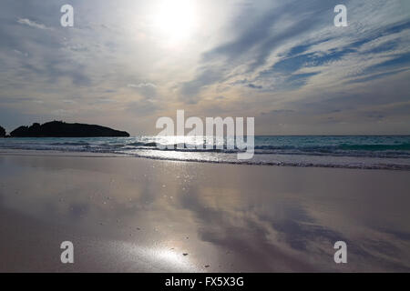 Reflections alone the waterline at Horseshoe Bay Beach, Southampton Parish, Bermuda. Stock Photo