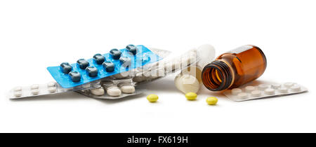 Bottles with pills in closeup on white Stock Photo