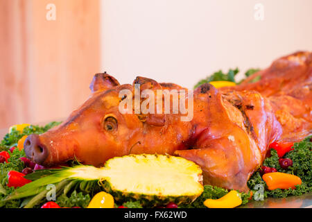 Whole pig at a wedding reception with an apple in its mouth on a table. Stock Photo