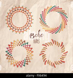 Set of handmade boho mandala frame shapes with tribal designs over kraft paper texture background. EPS10 vector. Stock Vector