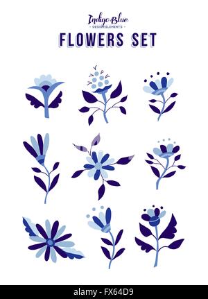 Set of indigo blue flower icon elements, trendy spring time nature illustrations in vintage style. EPS10 vector. Stock Vector
