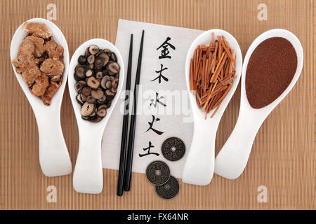 Five elements chinese calligraphy script on rice paper with herbal medicine selection. Stock Photo